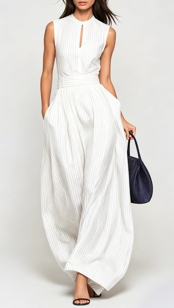 Eufemia Sleeveless Stripe Cutout Jumpsuit - Beige