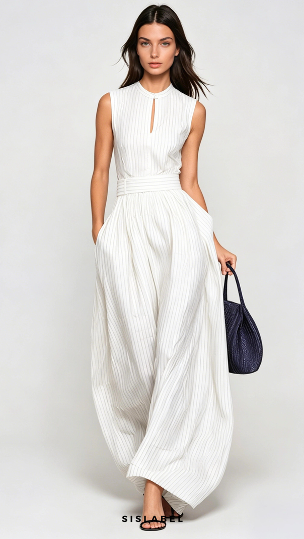 Eufemia Sleeveless Stripe Cutout Jumpsuit - Beige
