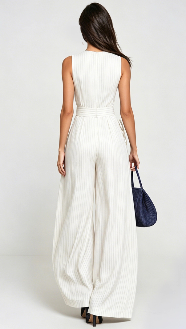 Eufemia Sleeveless Stripe Cutout Jumpsuit - Beige