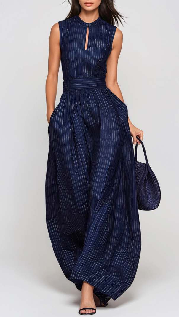 Eufemia Sleeveless Stripe Cutout Jumpsuit - Navy