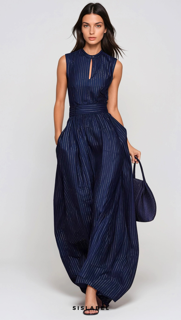 Eufemia Sleeveless Stripe Cutout Jumpsuit - Navy