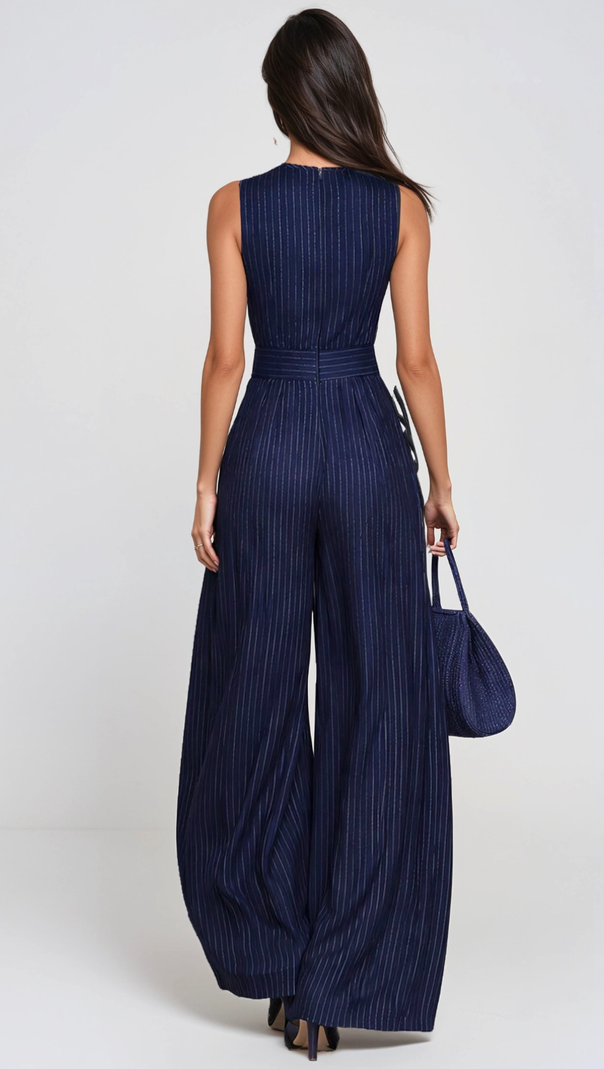 Eufemia Sleeveless Stripe Cutout Jumpsuit - Navy