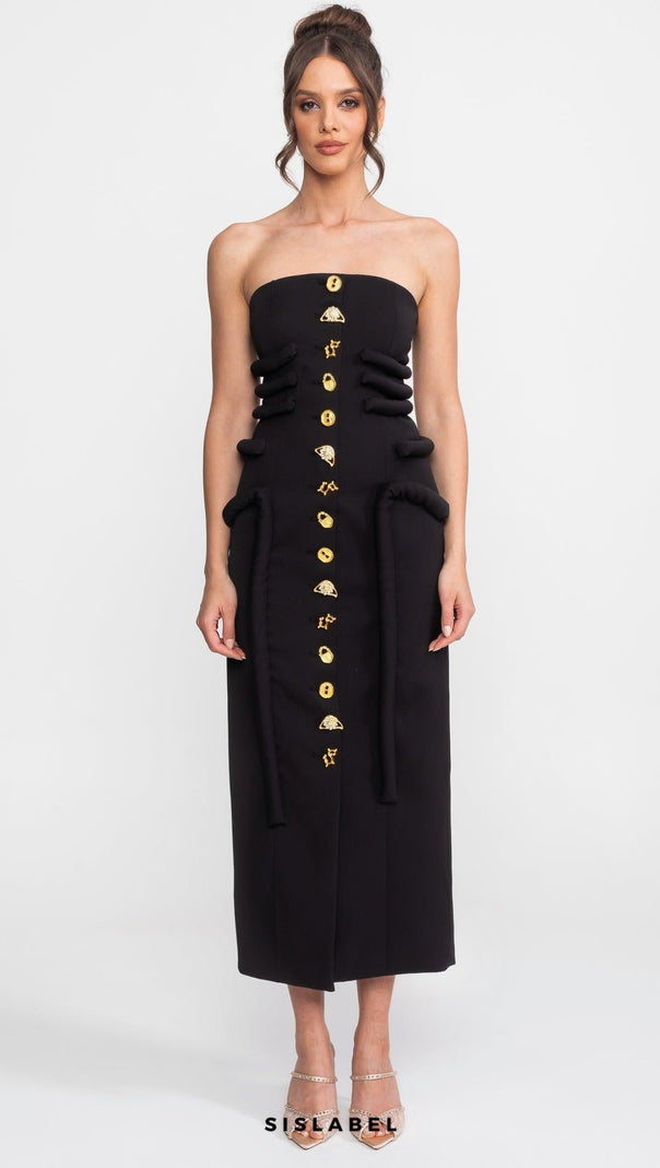Black Midi Dress With Sculptural Knotted Bodice Detail And Jewel Buttons - Black