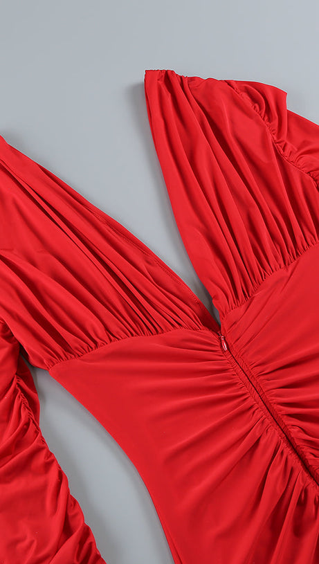 LONG SLEEVE RUCHED MERMAID MAXI DRESS RED