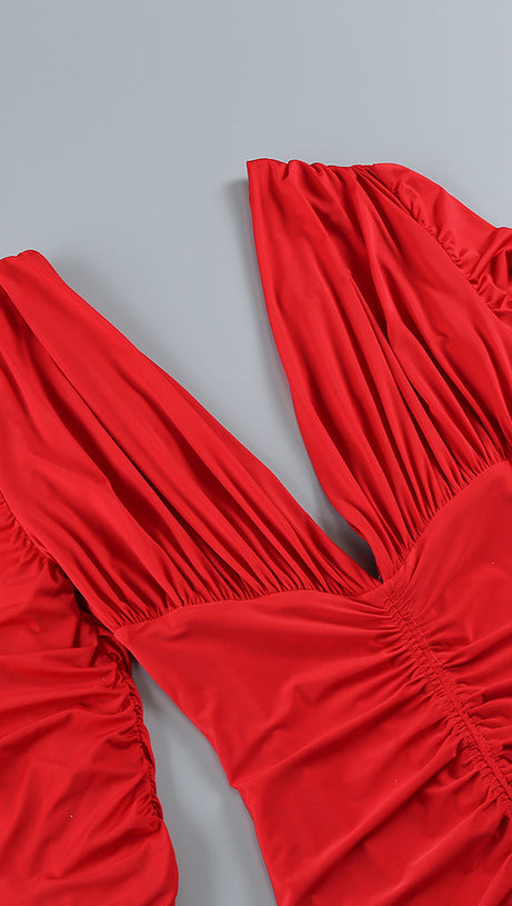 LONG SLEEVE RUCHED MERMAID MAXI DRESS RED