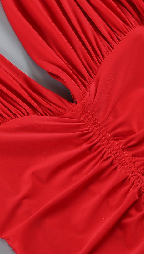 LONG SLEEVE RUCHED MERMAID MAXI DRESS RED