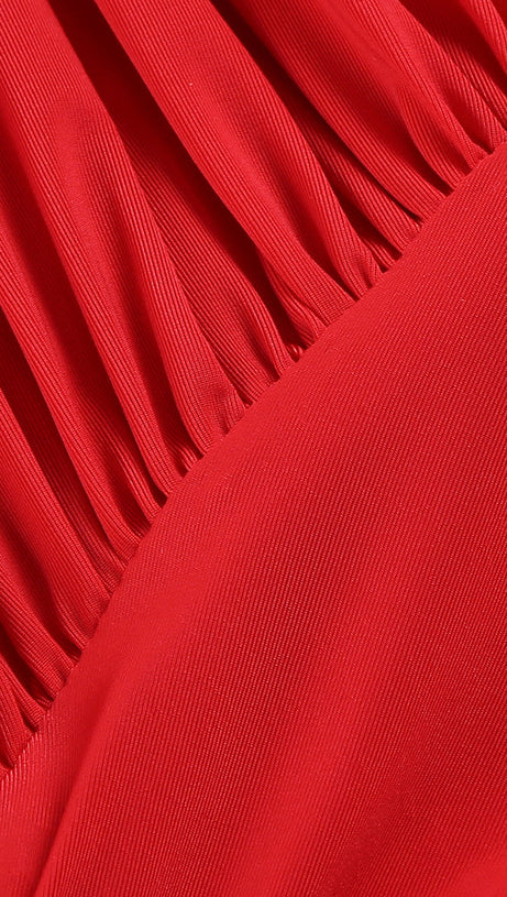 LONG SLEEVE RUCHED MERMAID MAXI DRESS RED