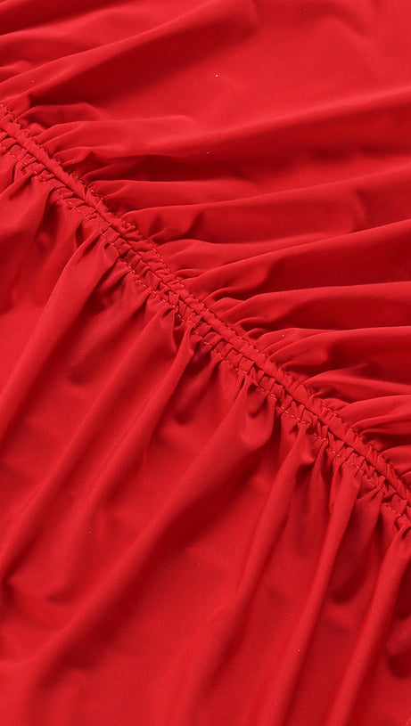 LONG SLEEVE RUCHED MERMAID MAXI DRESS RED
