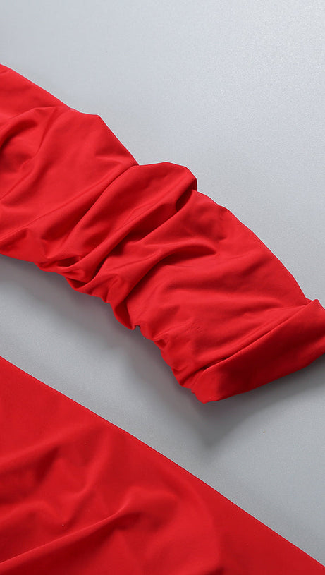 LONG SLEEVE RUCHED MERMAID MAXI DRESS RED