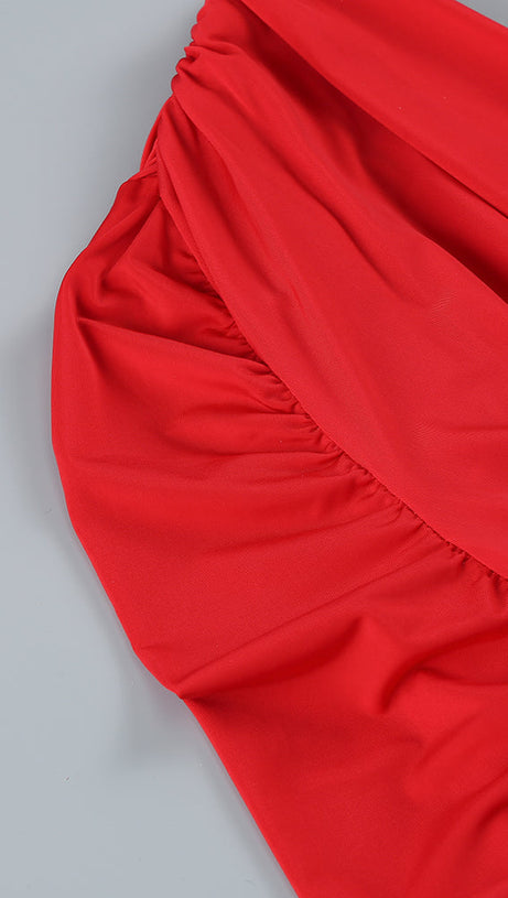 LONG SLEEVE RUCHED MERMAID MAXI DRESS RED