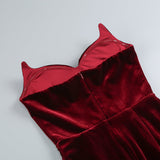 BURGUNDY STRAPLESS VELVET MIDI DRESS