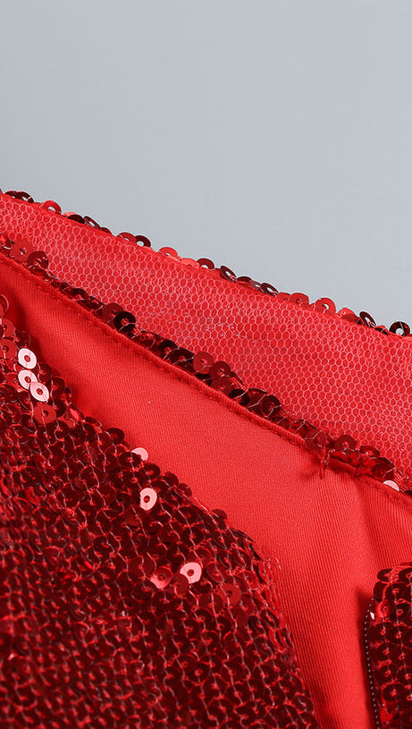 RED FLORAL-EMBELLISHED SEQUINED MINI DRESS