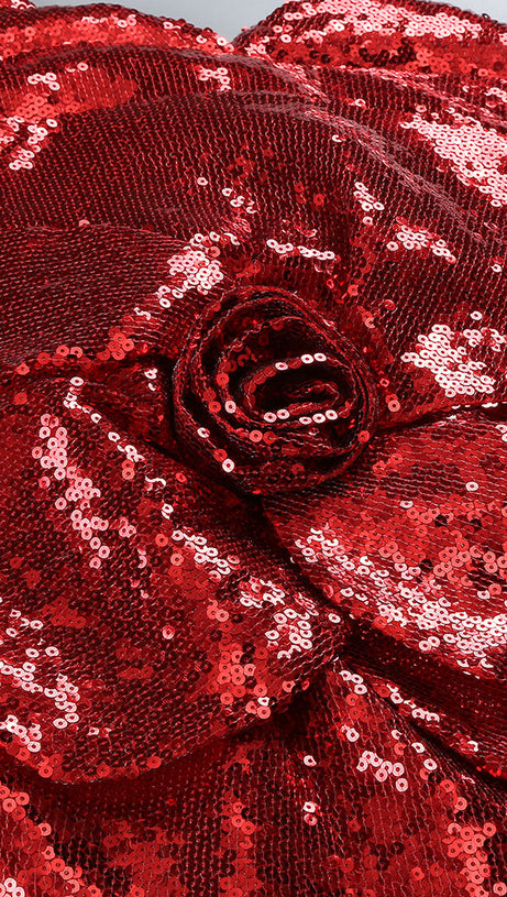 RED FLORAL-EMBELLISHED SEQUINED MINI DRESS