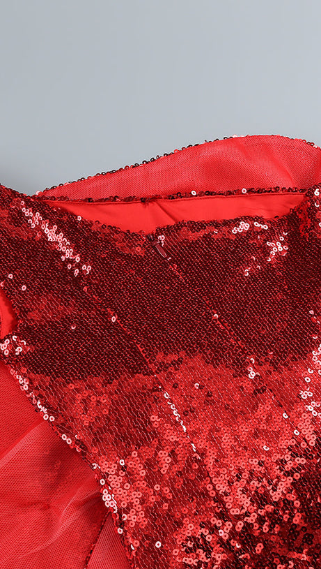 RED FLORAL-EMBELLISHED SEQUINED MINI DRESS