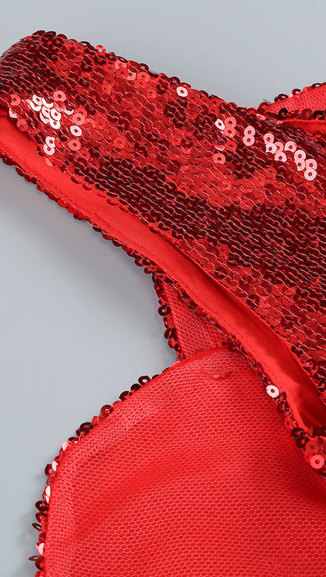 RED FLORAL-EMBELLISHED SEQUINED MINI DRESS