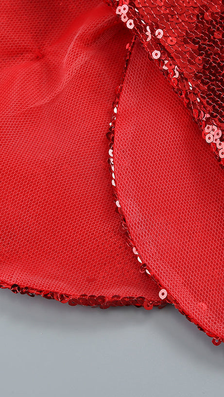 RED FLORAL-EMBELLISHED SEQUINED MINI DRESS