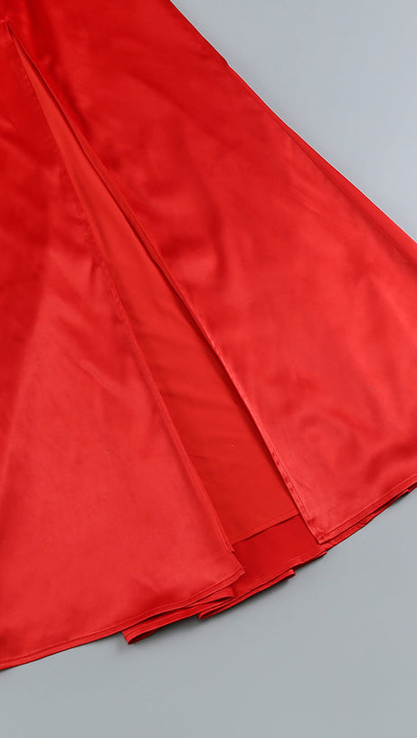 HALTER PLEATS SATIN MAXI DRESS IN RED