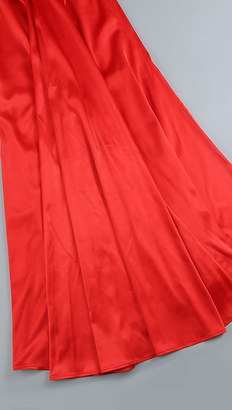 HALTER PLEATS SATIN MAXI DRESS IN RED