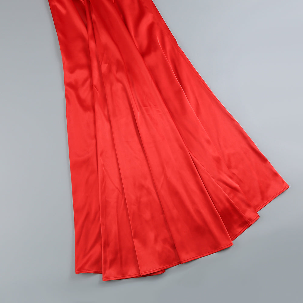 AIIZIE HALTER PLEATS SATIN MAXI DRESS IN RED - product image