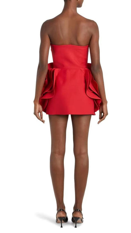 ROSETTE DETAIL STRAPLESS CREPE MINI DRESS