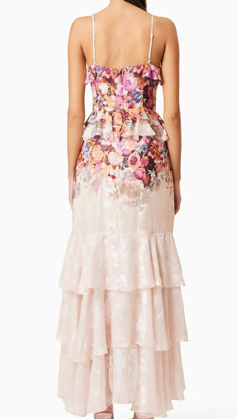 PERLA IRREGULAR FLORAL PRINT MAXI DRESS IN PINK RED