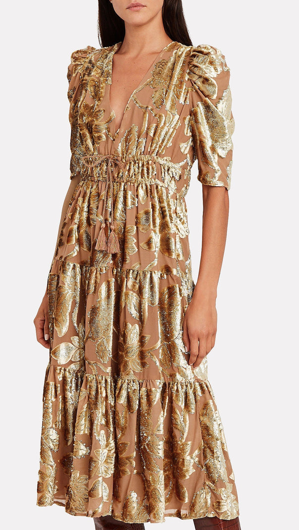 AIIZIE LORETTA METALLIC DEVORÉ GOLD MIDI DRESS - product image