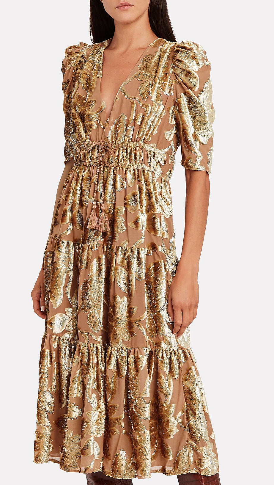 LORETTA METALLIC DEVORÉ GOLD MIDI DRESS