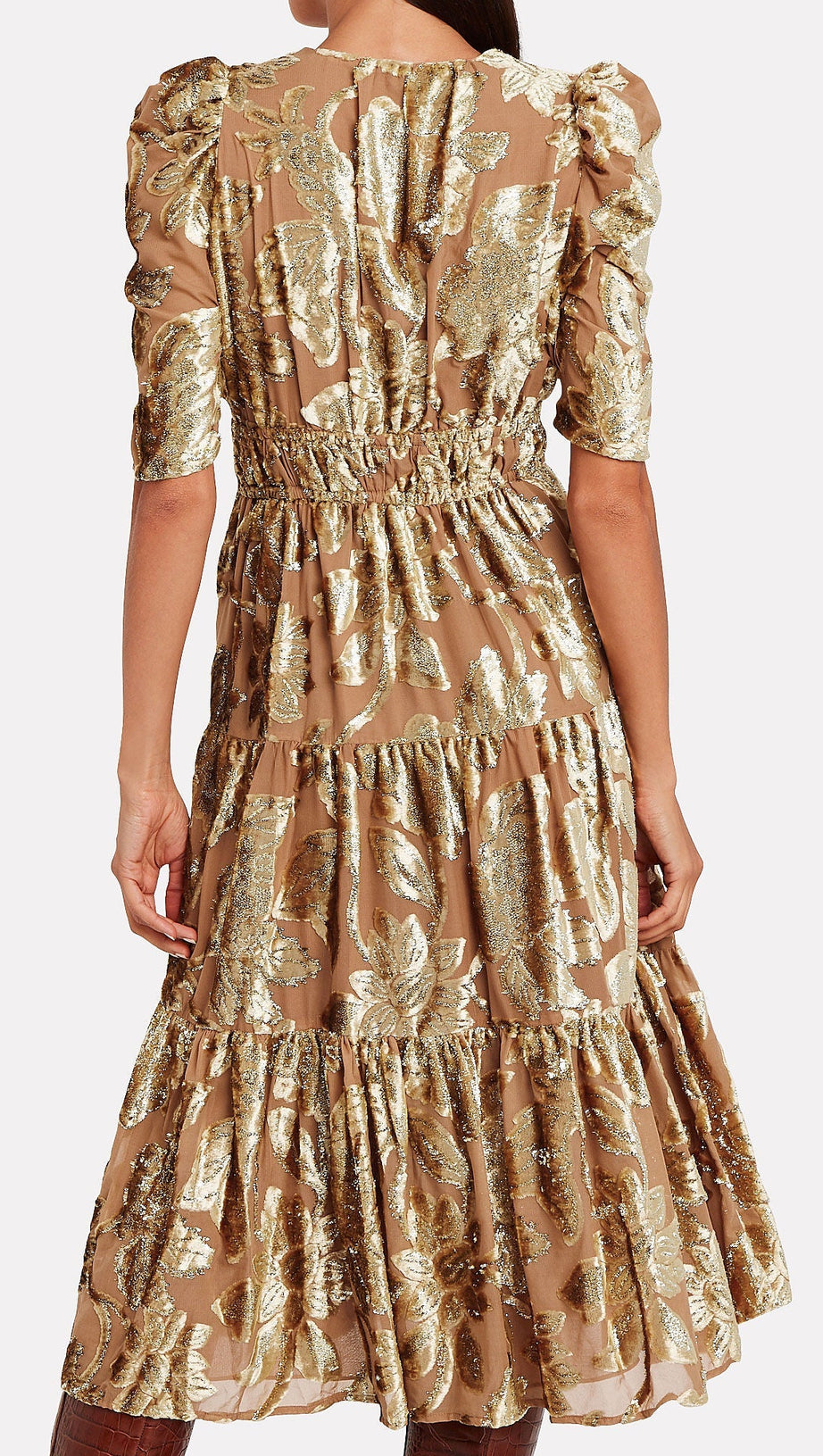 LORETTA METALLIC DEVORÉ GOLD MIDI DRESS