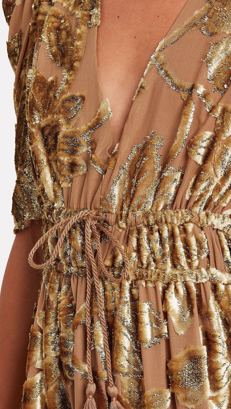 LORETTA METALLIC DEVORÉ GOLD MIDI DRESS