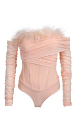 FEATHER BODYSUIT IN BLUSH PINK