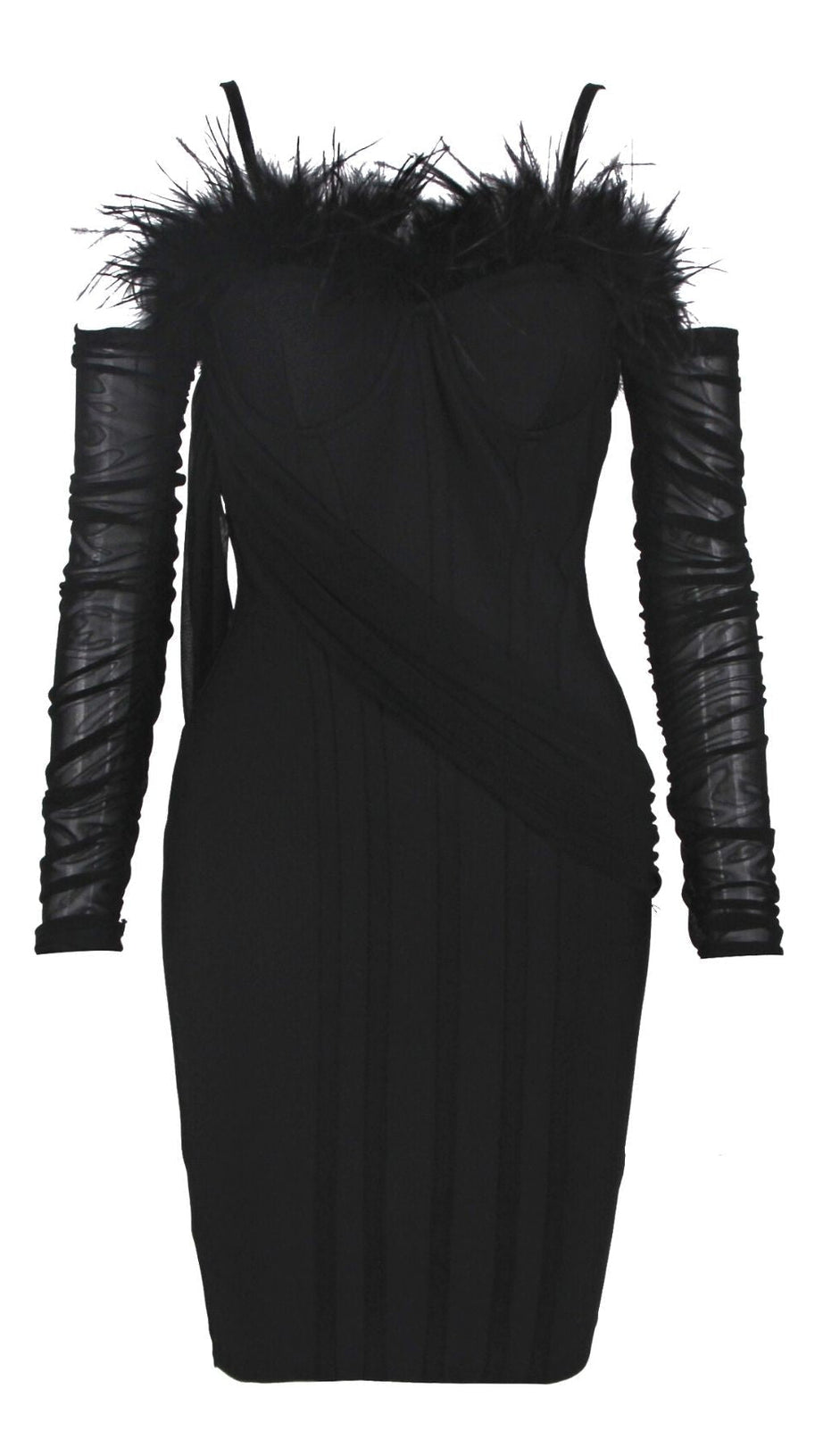 FEATHER LONG SLEEVE BANDAGE MINI DRESS IN BLACK