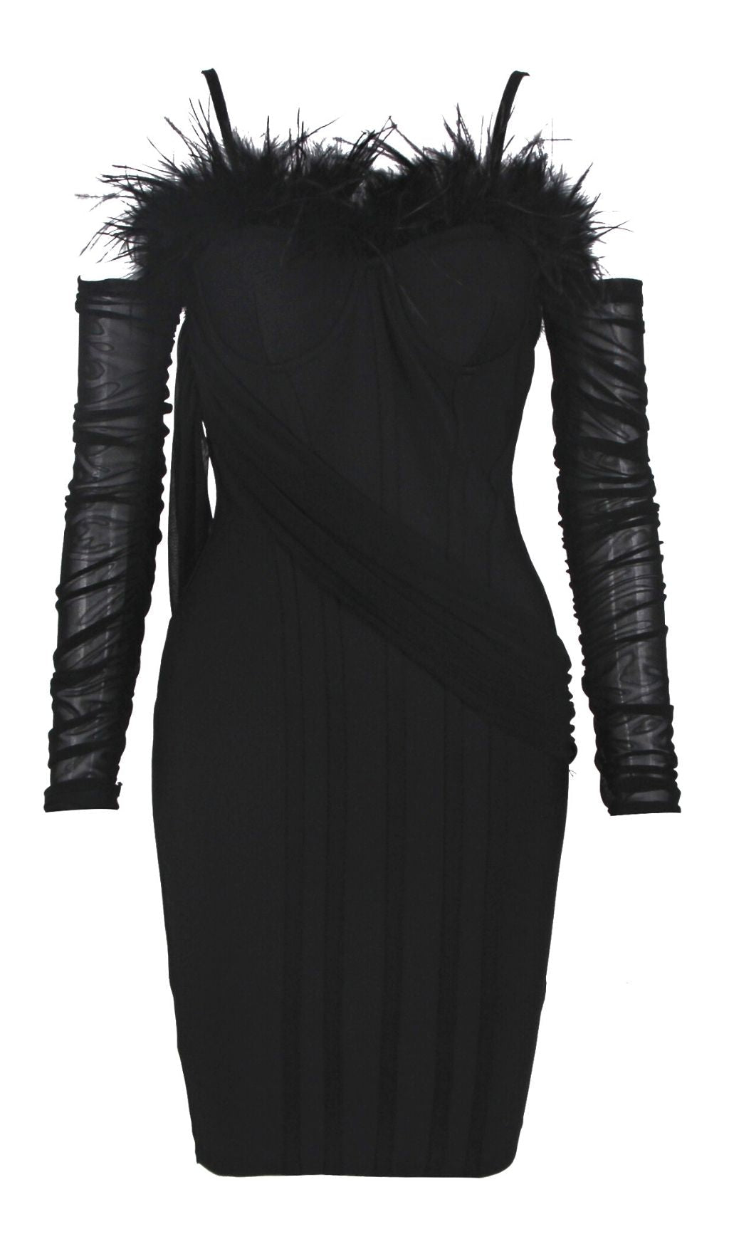 LANGÄRMELIGES BANDAGE-MINIKLEID MIT FEDERN IN ROSA