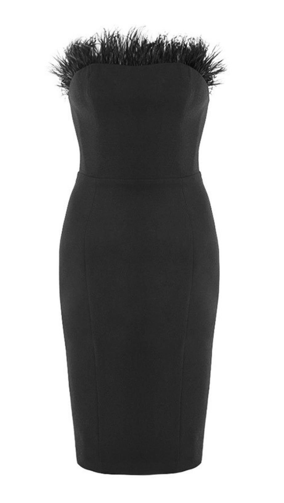 FEATHER STRAPLESS DRESS IN BLACK
