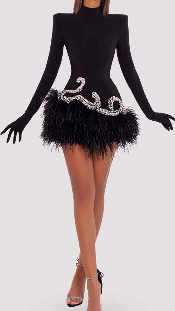 AIIZIE EMBELLISHED VELVET FEATHER MINI DRESS IN BLACK - product image