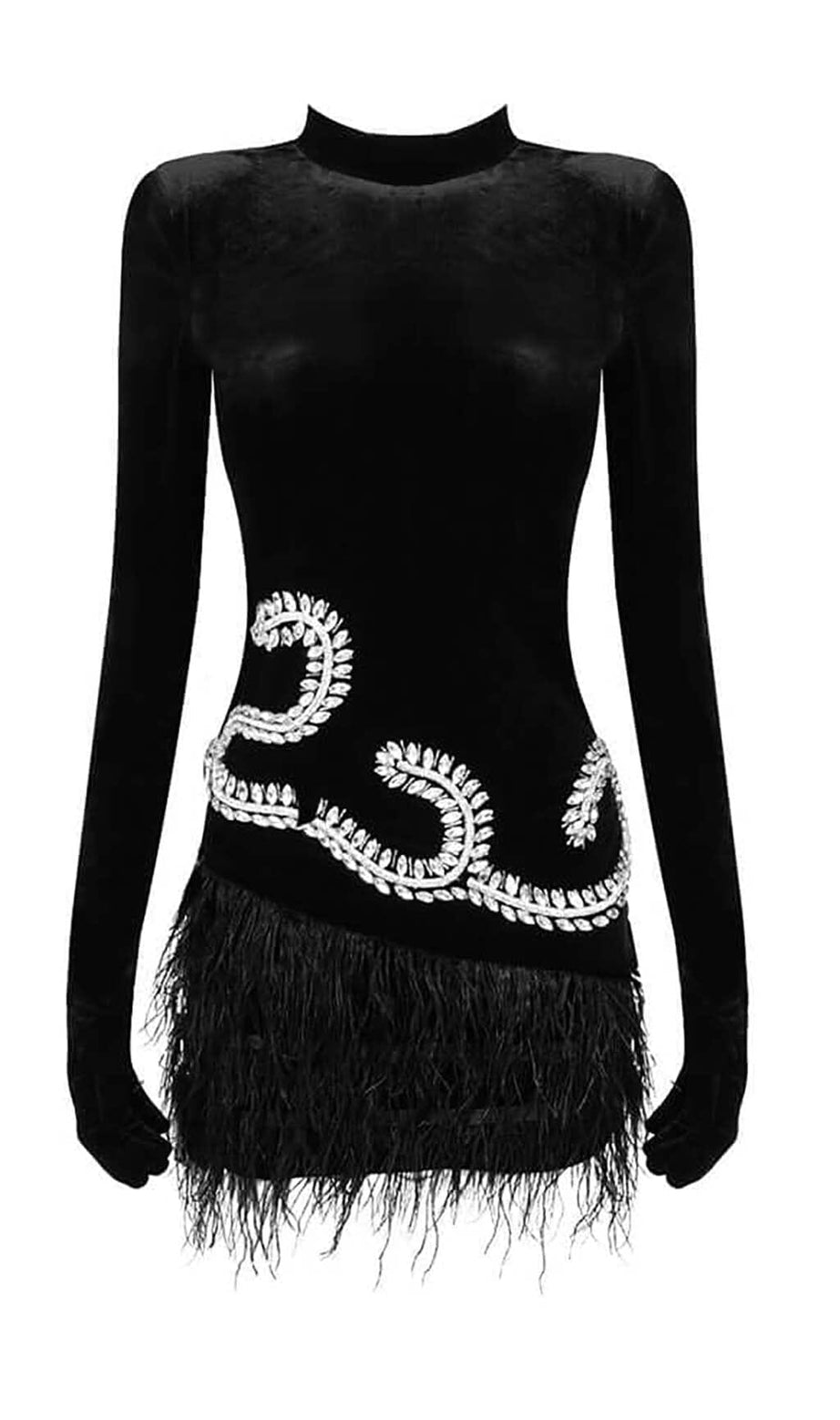 Verziertes Minikleid aus Samt mit Federn in Schwarz