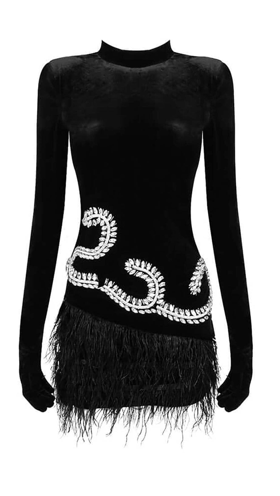 EMBELLISHED VELVET FEATHER MINI DRESS IN BLACK