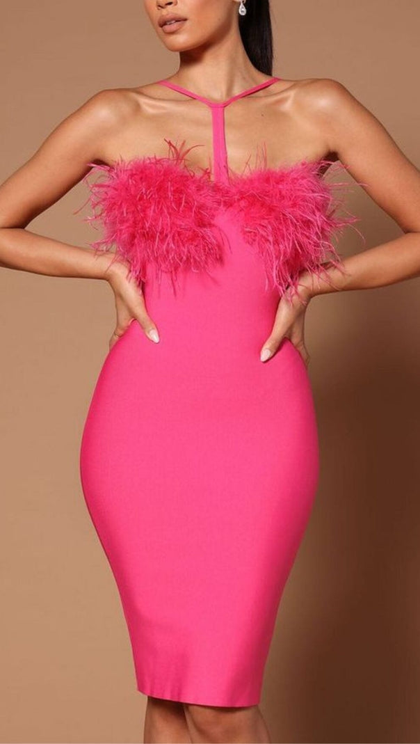 AIIZIE FEATHER HALTER MINI DRESS IN PINK - product image