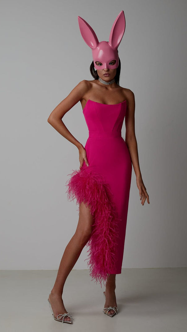 AIIZIE FEATHER HIGH-LOW DRESS IN HOT RED - product image