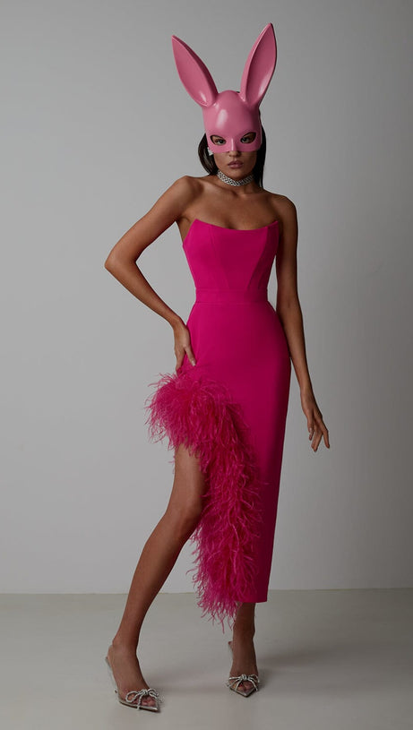 FEATHER HIGH-LOW DRESS IN HOT RED