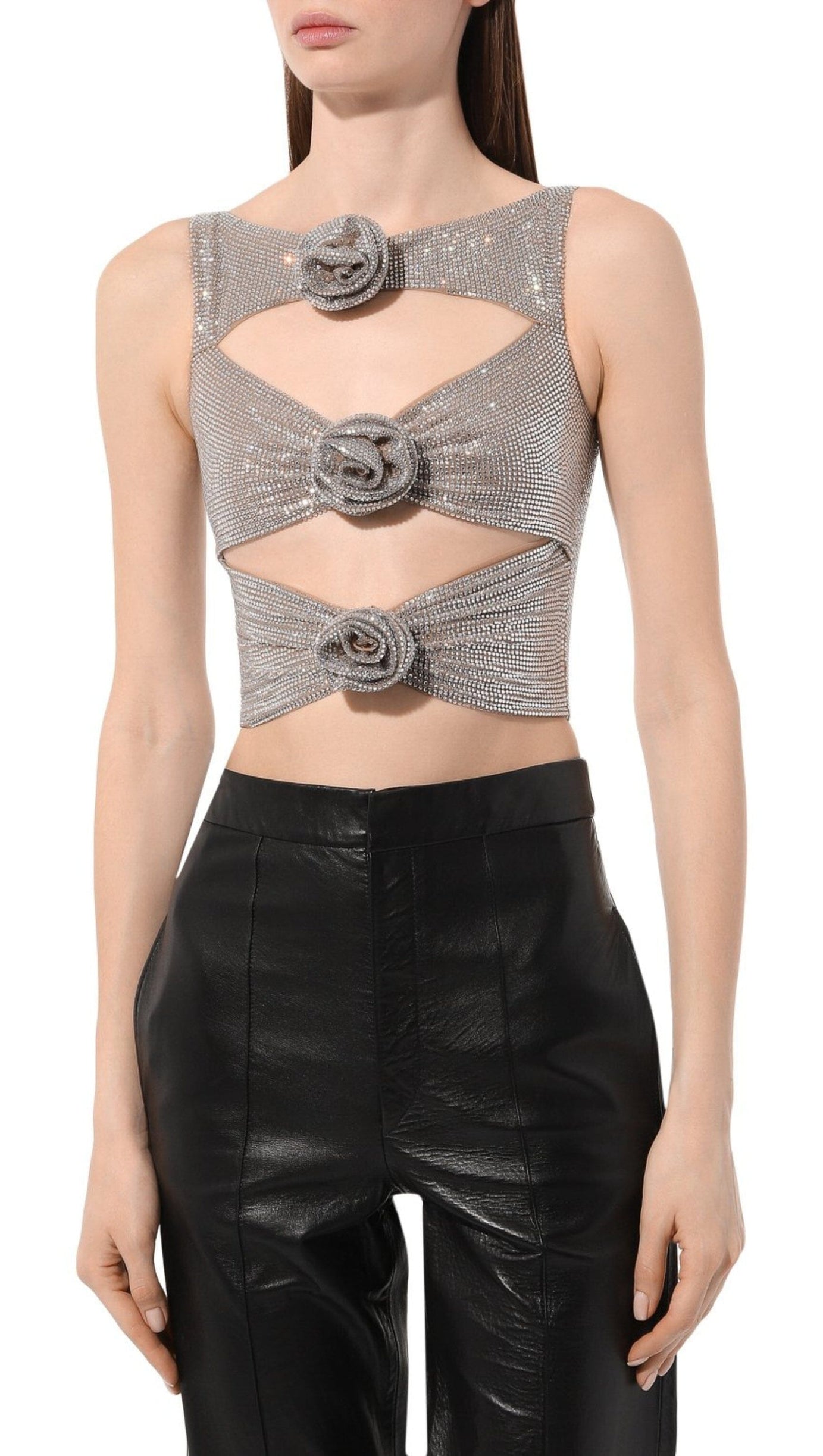 Verzierter Anzug mit 3D-Blumenausschnitten in Metallic-Silber