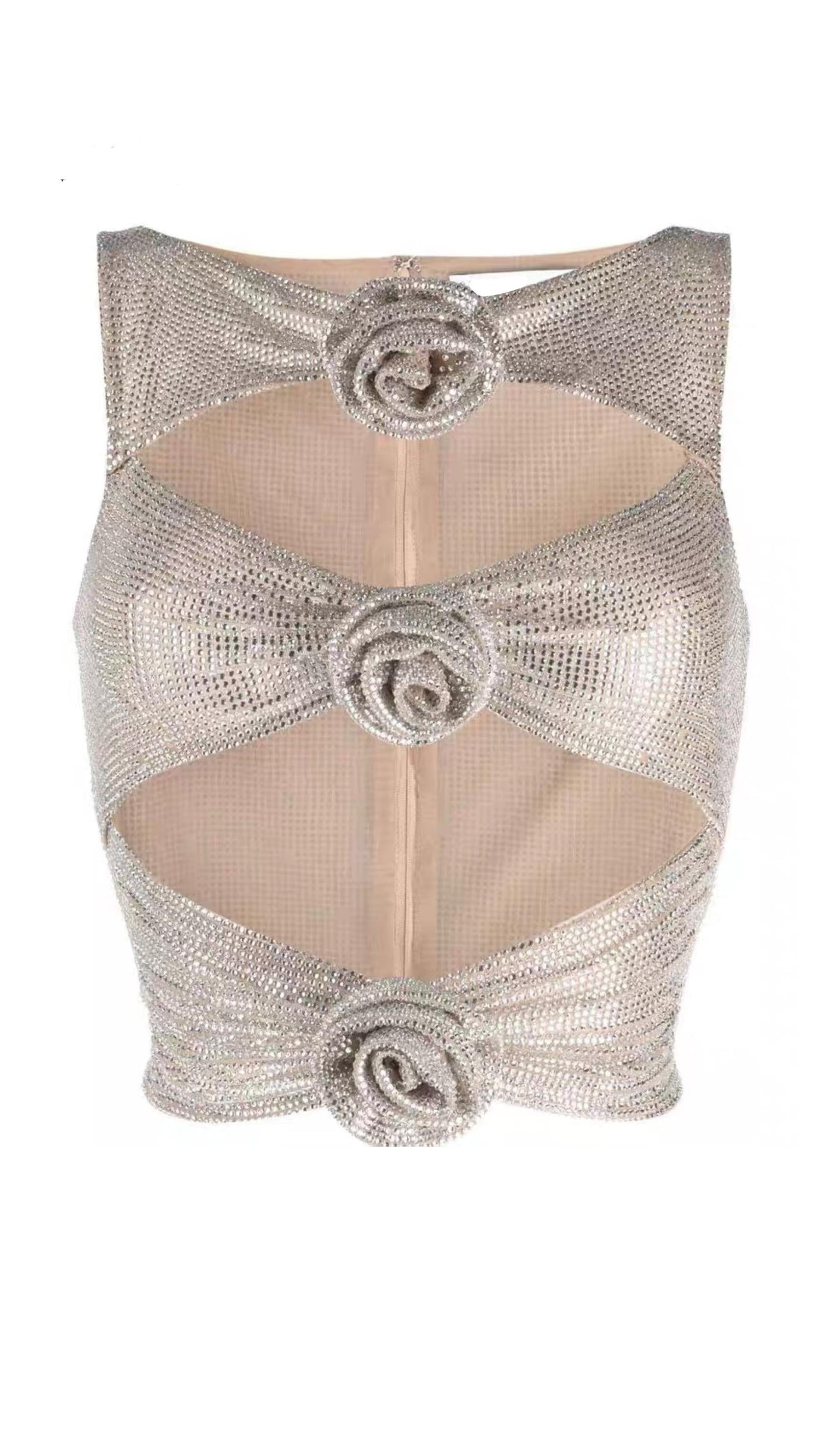 EMBELLISHED CUT OUT 3D FLOWER SUIT IN METALLIC SILVER