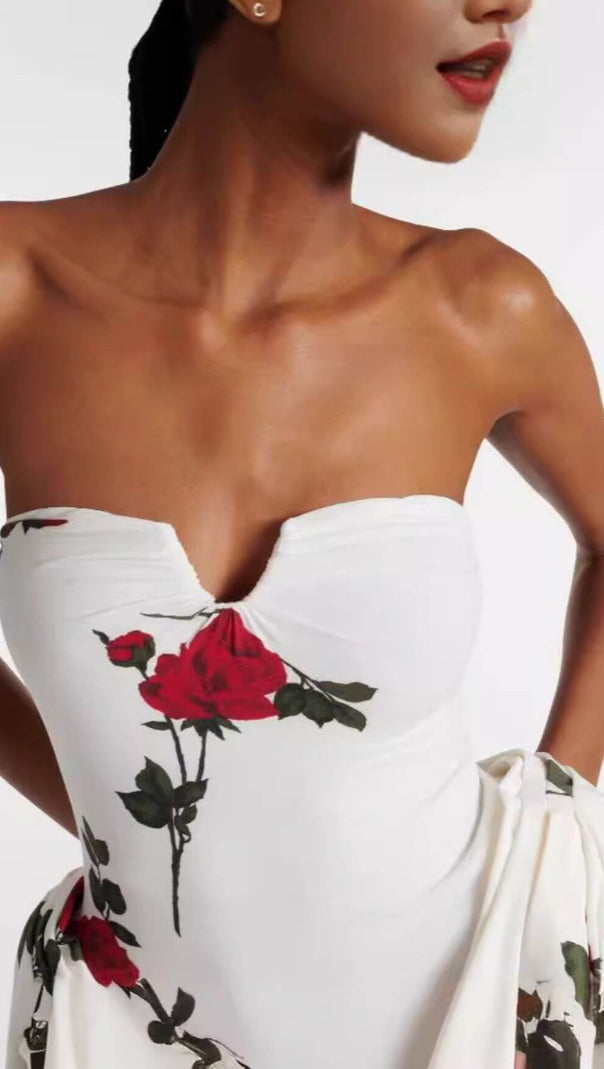 AIIZIE FLORAL-PRINTED PLEATED STRAPLESS MINI DRESS IN WHITE - product image