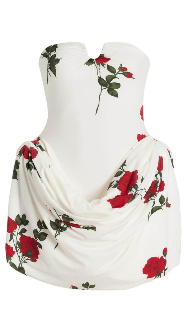 AIIZIE FLORAL-PRINTED PLEATED STRAPLESS MINI DRESS IN WHITE - product image