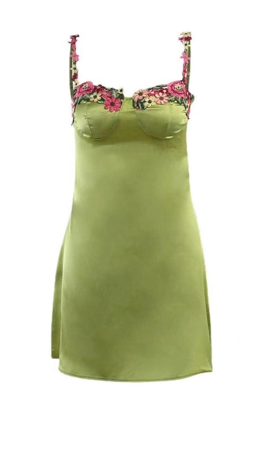 MINI ABITO IN RASO CON SPALLINE FLOREALI