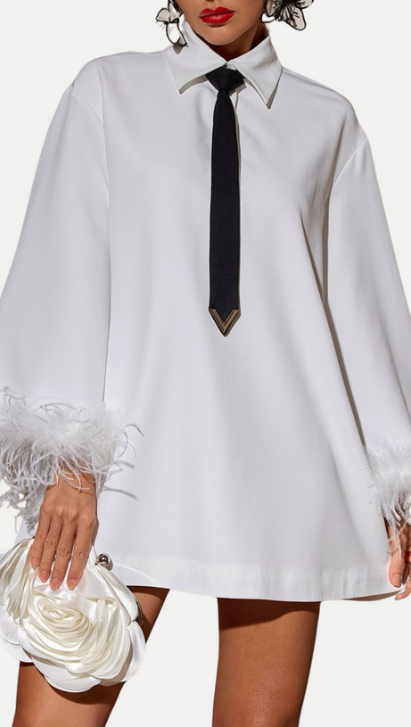 FINIA FEATHER-TRIMMED MINI SHIRT DRESS WITH TIE