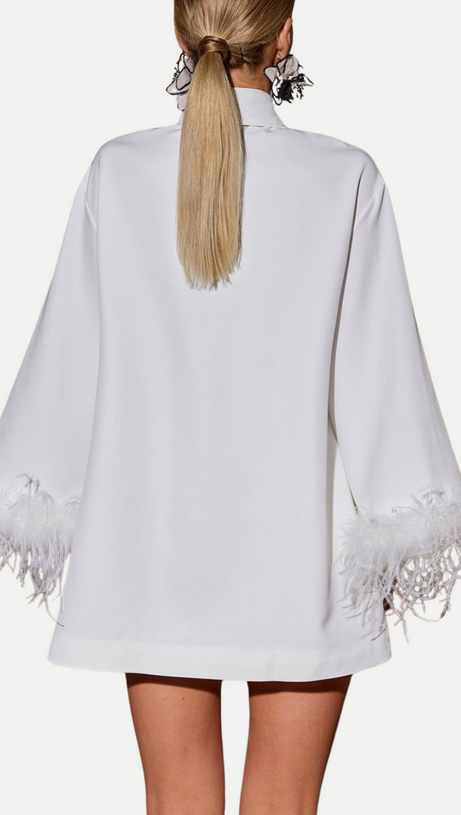 FINIA FEATHER-TRIMMED MINI SHIRT DRESS WITH TIE