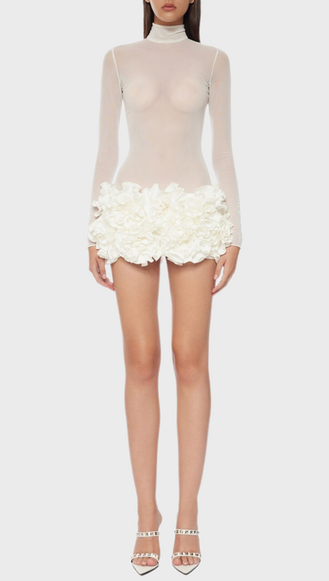 FIONNA FLORAL MESH LONG SLEEVE MINI DRESS - WHITE