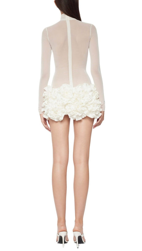 FIONNA FLORAL MESH LONG SLEEVE MINI DRESS - WHITE