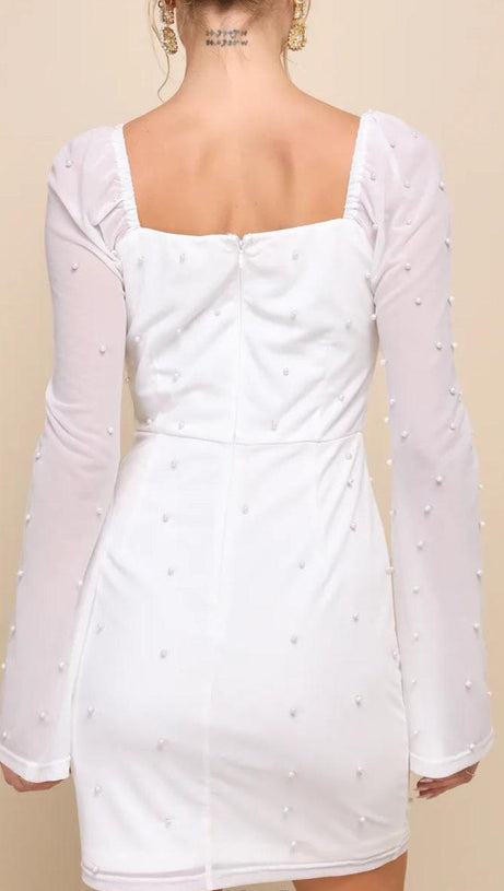 FLIRTY LUXURY IVORY MESH PEARL LONG SLEEVE MINI DRESS