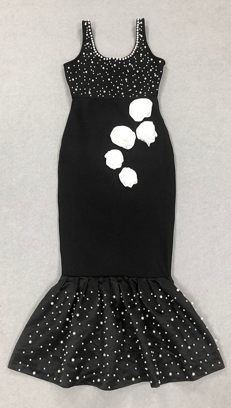 DORIS FLORAL PEARL EMBELLISHED MERMAID BLACK MAXI DRESS